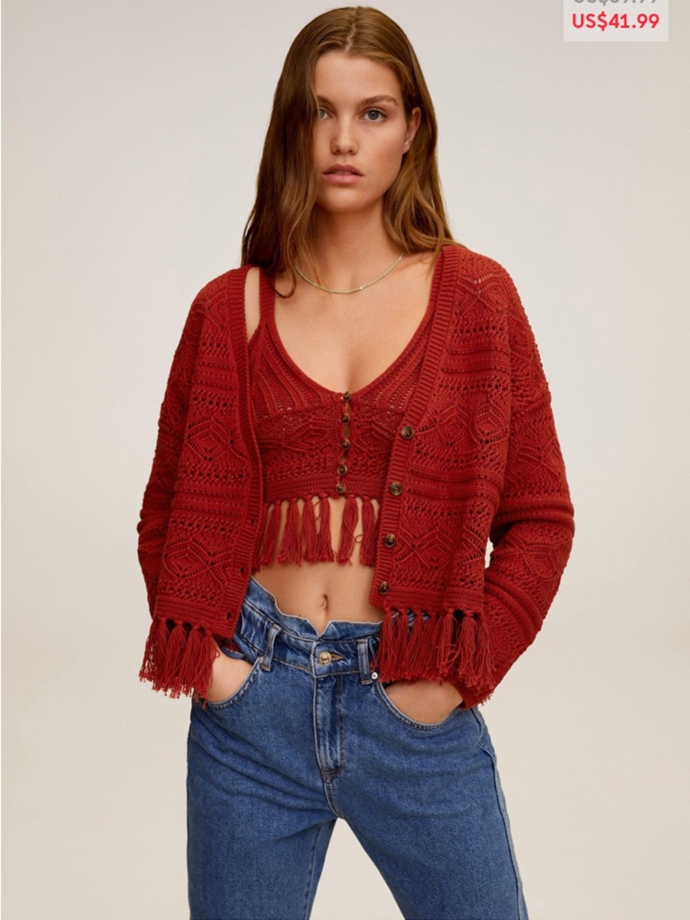 Mango Women’s Red Fringed Knit Cropped Cardigan